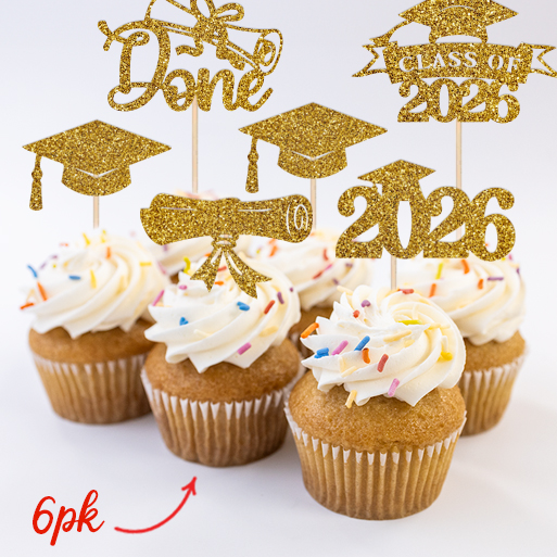 Gold Glittering Grad 2026 Cupcake Picks 6pk